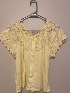 LOFT Yellow Crochet Yoke Button-Front Women's Top | Size Large